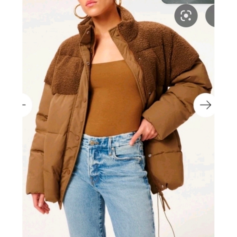 Good American Size 4 Womens 2X Sherpa Mix Cocoon Puffer Jacket Coat New Sepia